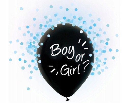 GENDER REVEAL czarne balony konfetti boy niebieski
