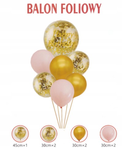 ZESTAW balonów złote konfetti BIRTHDAY urodziny