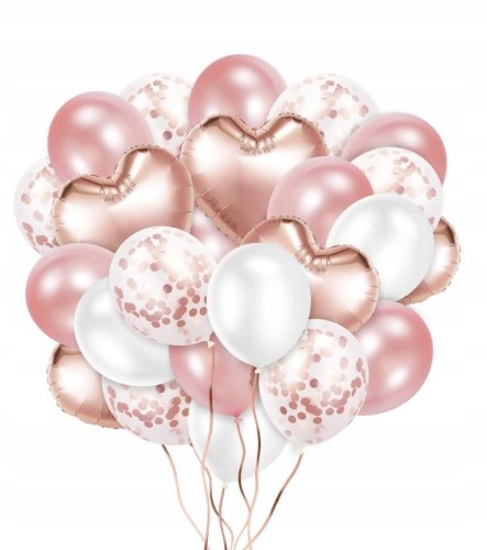 ZESTAW URODZINY balony Konfetti Serca Rose Gold