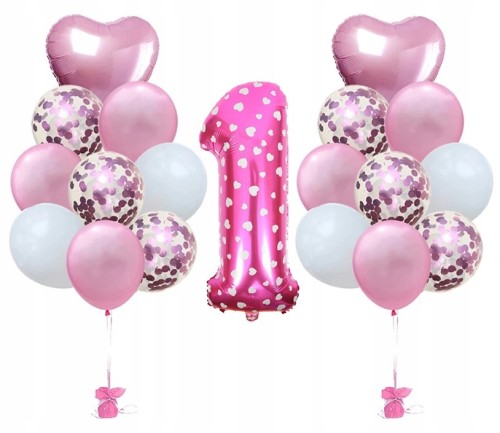 Balony różowe z konfetti roczek 1 urodziny zestaw
