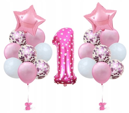 Balony różowe z konfetti roczek 1 pierwsze urodzin