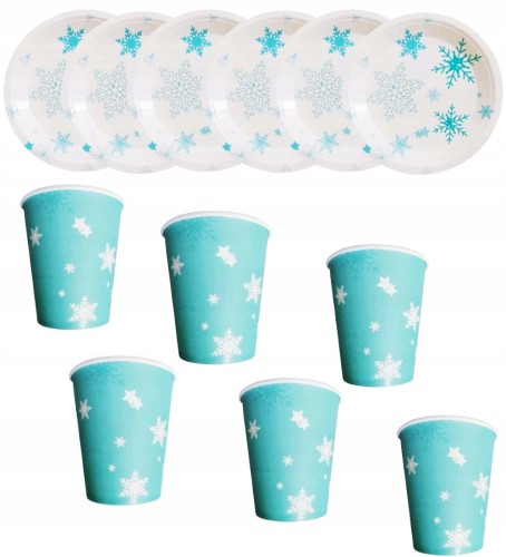 Zestaw kubki talerzyki płatki śniegu elza party