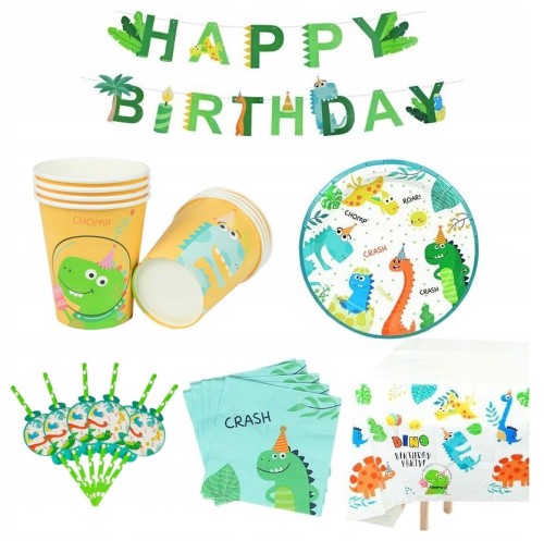 Zestaw urodzinowy dinozaury kubki talerze obrus