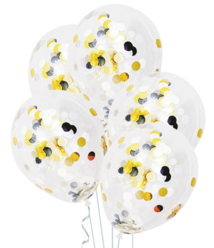 Balony duże przezroczyste czarne złote konfetti
