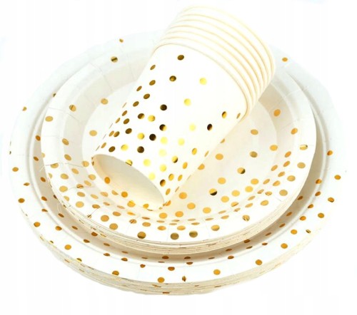 Zestaw urodziny białe złote kubki talerzyki kropki