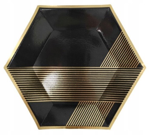 TALERZYKI papierowe czarne złote 23 cm urodzinowe