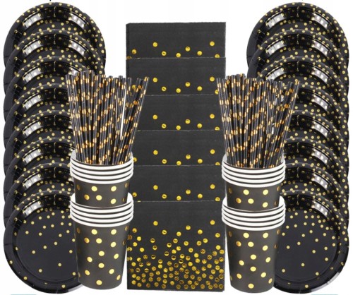 Zestaw kubki talerzyki urodziny czarne złote