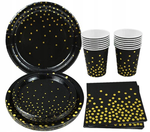 Zestaw urodziny kubki talerzyki czarne złote party