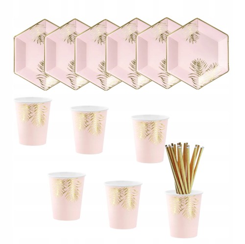Zestaw kubki talerzyki słomki różowy złote liście