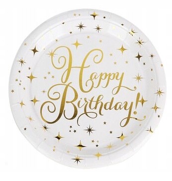 Talerzyki papierowe białe złote gwiazdki urodziny