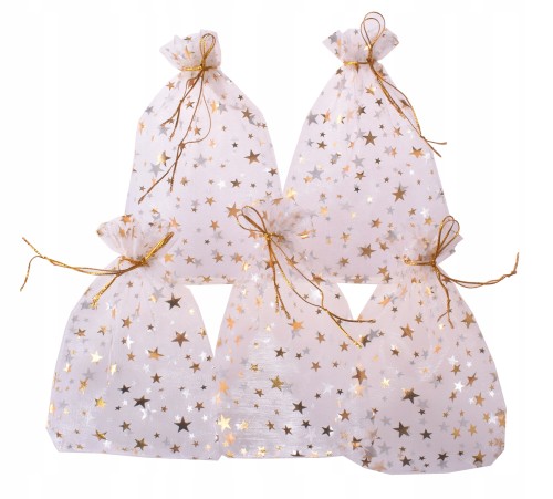 Świąteczne woreczki przezroczyste w złote gwiazdki