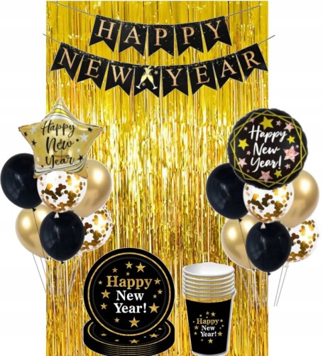 Zestaw sylwester talerzyki kubki czarne balony