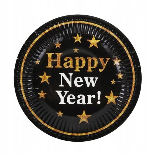 TALERZYKI papierowe czarne złote sylwester 18 cm