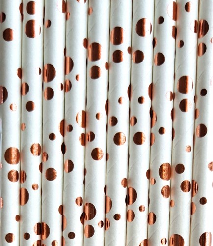 Słomki BIO RURKI papierowe białe kropki rose gold