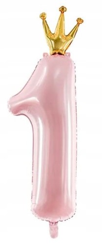 BALON cyfra jeden z koroną 1 różowy ROCZEK 90 cm