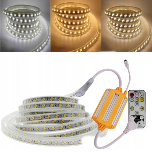 TAŚMA 120 LED 230V ZESTAW 15M pilot CIEPŁY zimny