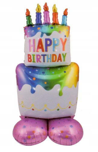 Balon foliowy tort 3D tęczowy biały URODZINY 120cm