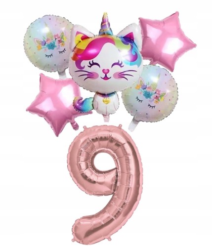 Zestaw balonów kotek na dziewiąte 9 urodziny róż
