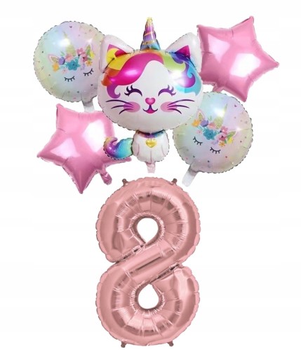 Zestaw balonów kotek na ósme 8 urodziny różowy