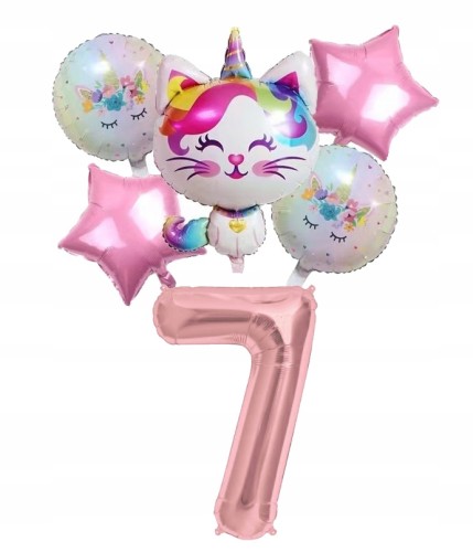 Zestaw balonów kotek na siódme 7 urodziny różowy