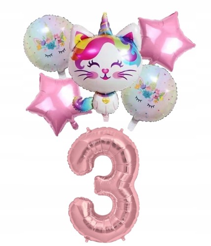 Zestaw balonów kotek na trzecie 3 urodziny różowy