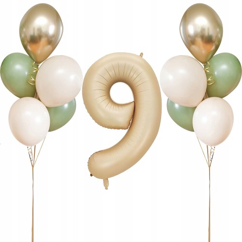 Zestaw balonów na dziewiąte 9 urodziny ecru złoty