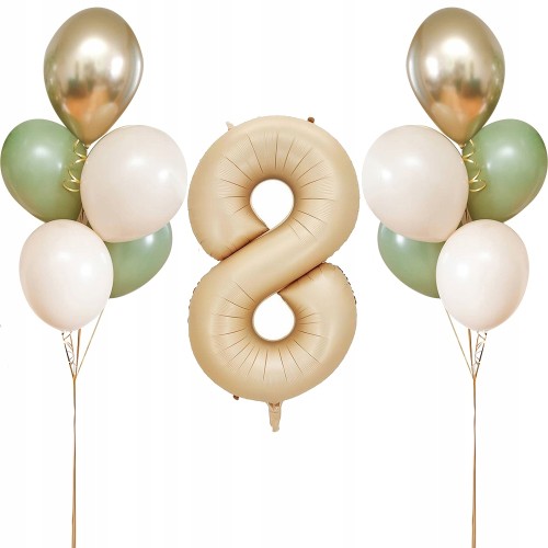 Zestaw balonów na ósme 8 urodziny kremowy złoty