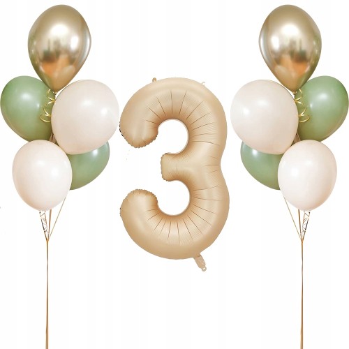 Zestaw balonów na trzecie 3 urodziny kremowy złoty