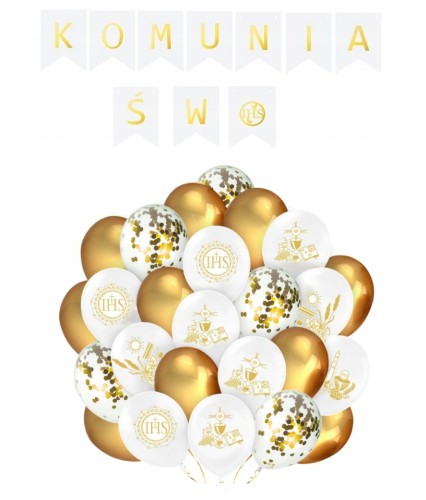 Zestaw balonów złote białe komunia święta baner