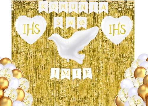Zestaw balonów KOMUNIA złoty biały baner + imię