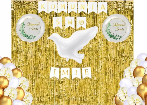 Zestaw balonów KOMUNIA złoty biały baner + imię