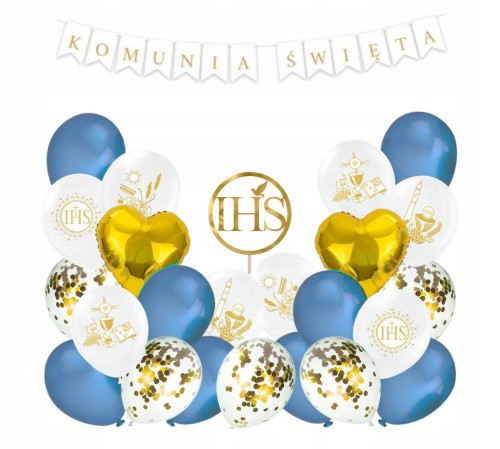 Zestaw balonów złoty niebieski komunia baner toper