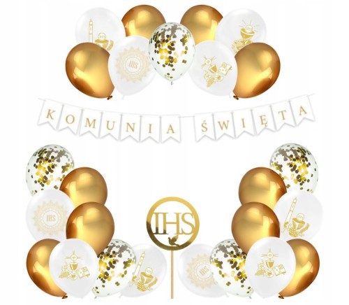 Zestaw balonów komunia święta baner topper złoty