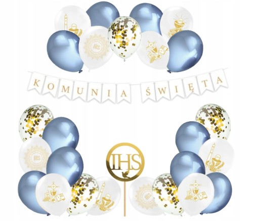 Zestaw balonów komunia baner toper niebieski złoty
