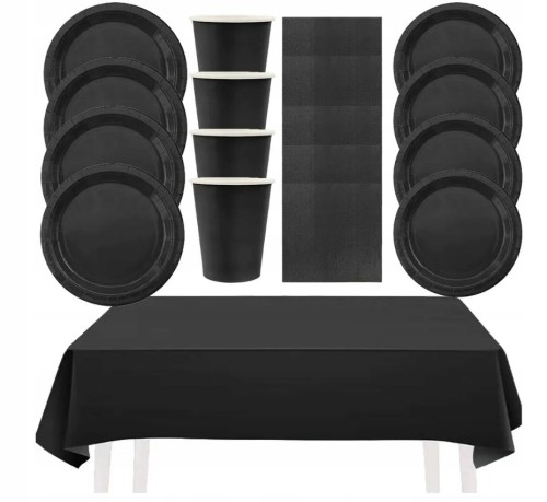 Zestaw kubki talerzyki urodziny papierowe czarne