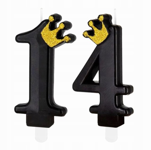 Świeczka urodzinowa czarna złota korona liczba 14