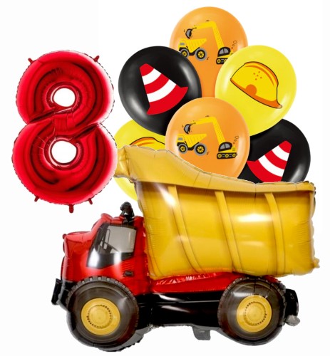 Zestaw balonów ósme 8 urodziny pojazdy wywrotka