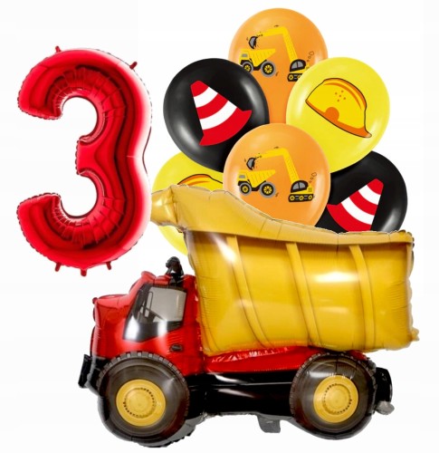 Zestaw balonów trzecie 3 urodziny pojazdy wywrotka