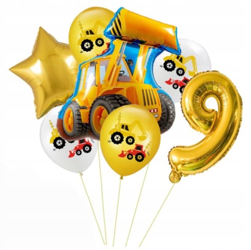 Zestaw balonów dziewiąte 9 urodziny pojazd koparka