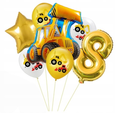 Zestaw balonów ósme 8 urodziny pojazdy koparka