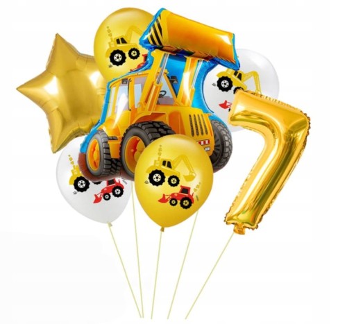 Zestaw balonów siódme 7 urodziny pojazdy koparka