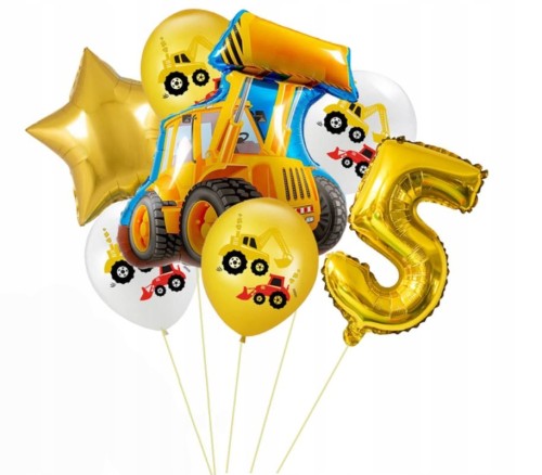 Zestaw balonów piąte 5 urodziny pojazdy koparka