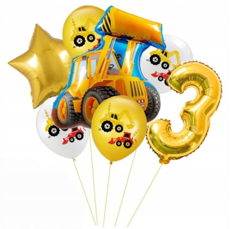Zestaw balonów trzecie 3 urodziny pojazdy koparka
