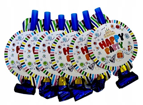 Trąbki gwizdki niebieskie kolorowe happy party