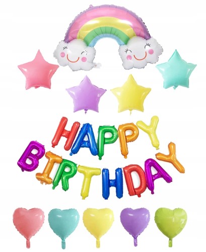 Zestaw balonów TĘCZA serca gwiazdy urodziny hel
