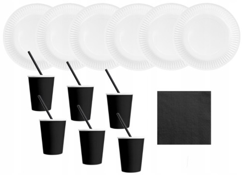 ZESTAW słomki serwetki kubki czarne talerze białe