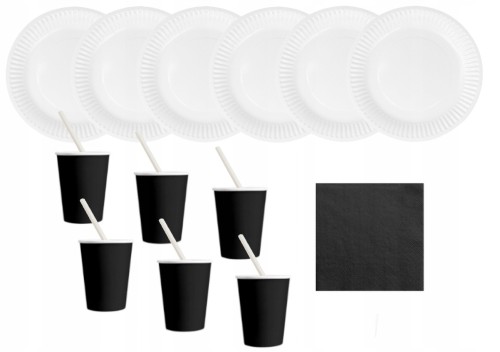 ZESTAW serwetki kubki czarne talerze słomki białe
