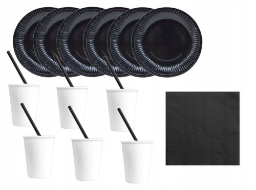 ZESTAW kubki białe talerze słomki serwetki czarne