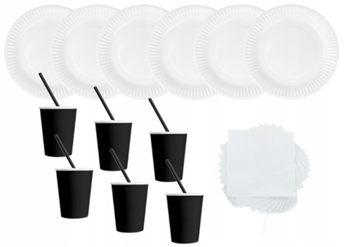 ZESTAW słomki kubki czarne talerze serwetki białe