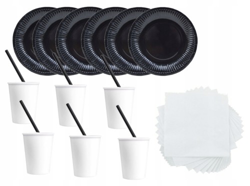 ZESTAW serwetki kubki białe talerze słomki czarne